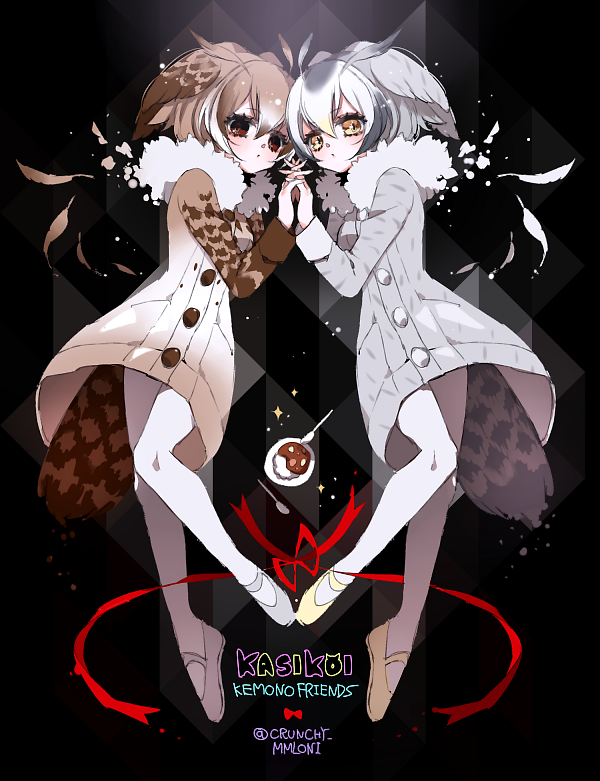2girls, artist_name, bird_tail, black_background, brown_eyes, brown_hair, brown_jacket, cheek-to-cheek, chino_machiko, copyright_name, curry, curry_rice, eurasian_eagle_owl_(kemono_friends), feathers, food, hand_holding, head_wings, jacket, kemono_friends, multiple_girls, northern_white-faced_owl_(kemono_friends), owl_girl, pantyhose, ribbon, rice, romaji, silver_hair, spoon, twitter_username, white_jacket, white_legwear, yellow_eyes