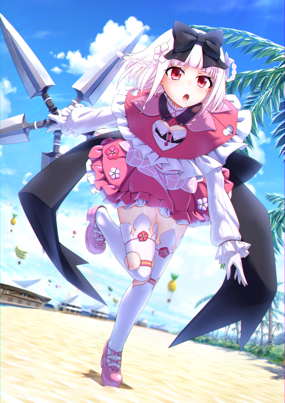1girl, :o, albino, clouds, day, flower_knight_girl, frilled_skirt, frills, full_body, gloves, highres, holding, holding_weapon, mizunashi_(second_run), nichinichisou_(flower_knight_girl), palm_tree, pink_shoes, red_eyes, red_skirt, running, shoes, short_hair, shuriken, skirt, sky, solo, standing, standing_on_one_leg, thigh-highs, tree, weapon, white_hair, white_legwear