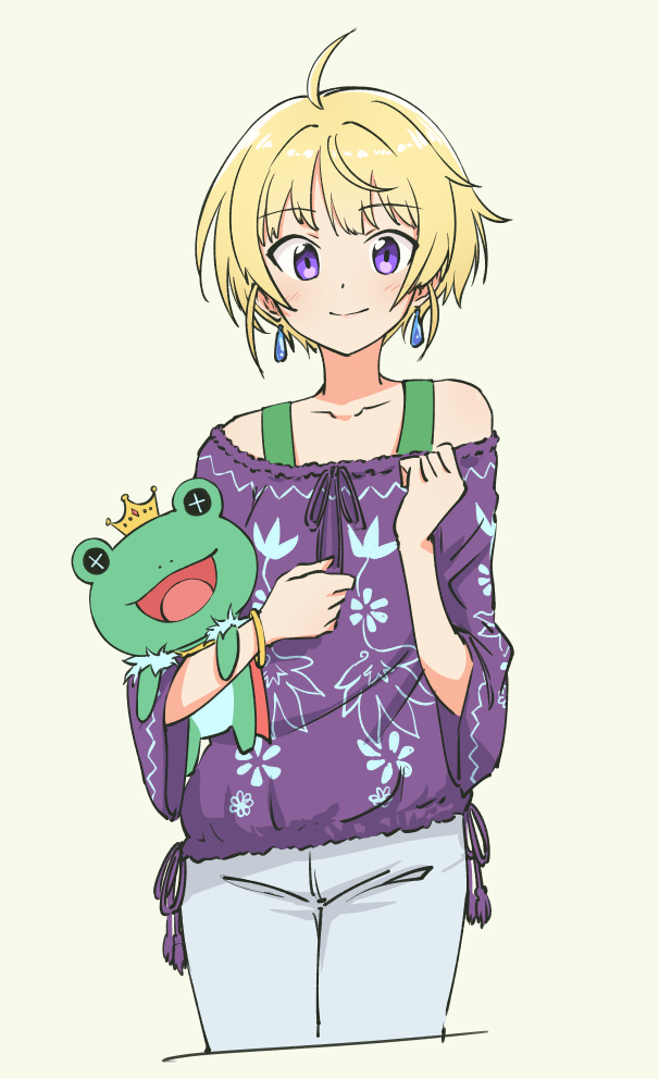 1boy, ahoge, beige_background, blonde_hair, bracelet, collarbone, cowboy_shot, cropped_legs