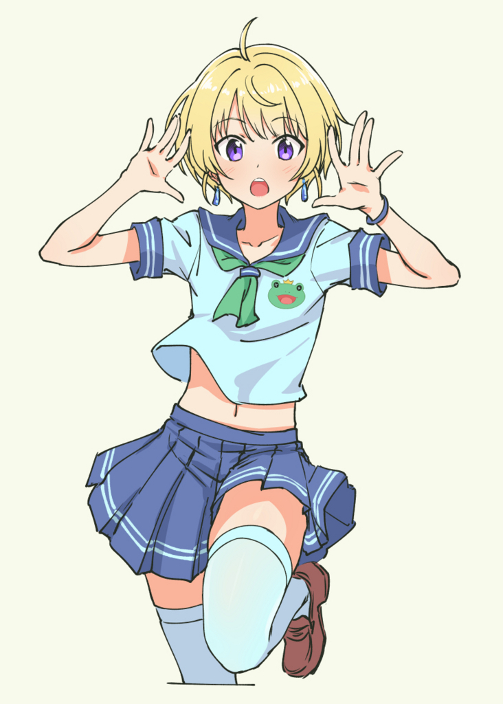 1boy, ahoge, blonde_hair, idolmaster, idolmaster_side-m, leg_up, midriff, otoko_no_ko, pas_(paxiti), pierre_(idolmaster), pleated_skirt, pose, school_uniform, serafuku, short_hair, skirt, solo, thigh-highs, violet_eyes, white_legwear