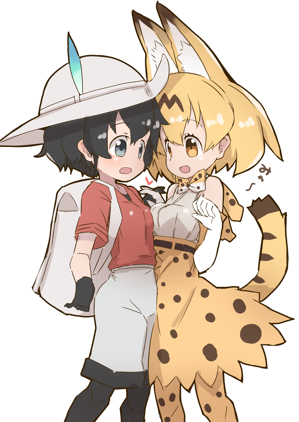 2girls, :d, animal_ears, backpack, bag, bare_shoulders, belly_to_belly, black_gloves, black_hair, black_legwear, blonde_hair, blue_eyes, bow, bowtie, breast_press, bucket_hat, commentary, elbow_gloves, extra_ears, gloves, hat, hat_feather, high-waist_skirt, highres, holding, interlocked_fingers, kaban_(kemono_friends), kemono_friends, multiple_girls, open_mouth, paw_pose, print_bowtie, print_legwear, print_skirt, red_skirt, serval_(kemono_friends), serval_ears, serval_print, serval_tail, shirt, short_hair, shorts, simple_background, skirt, sleeveless, sleeveless_shirt, smile, symmetrical_docking, t-shirt, tail, teranekosu, white_background, white_shirt, white_shorts, yellow_eyes
