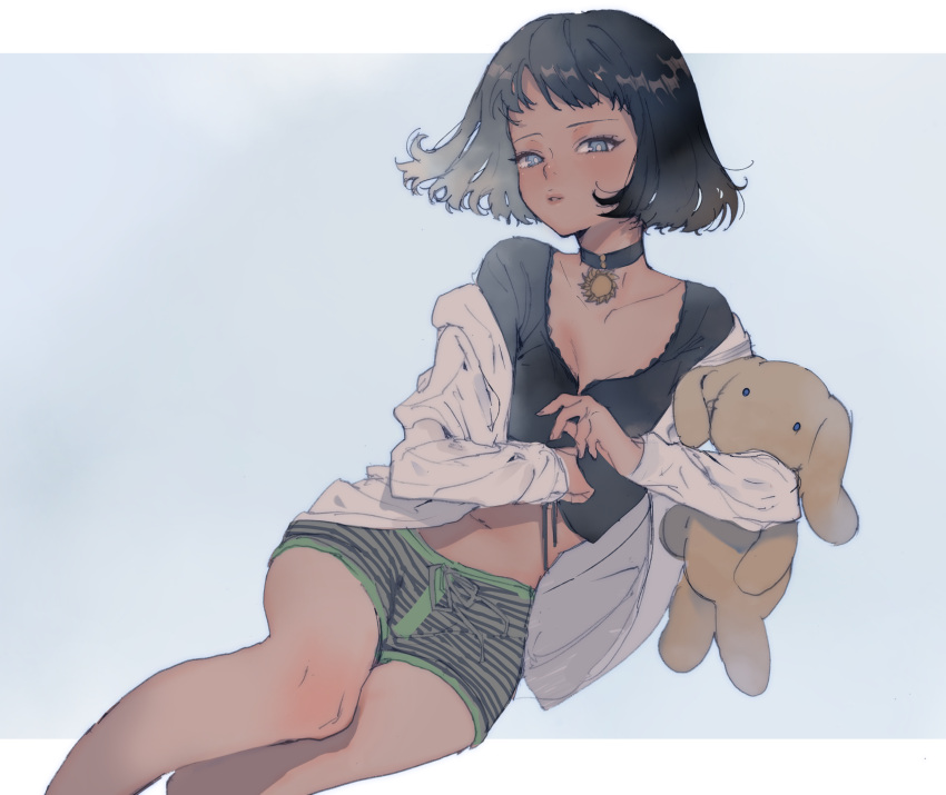 1girl, aruterra, bangs, black_hair, blue_eyes, blush, breasts, collar