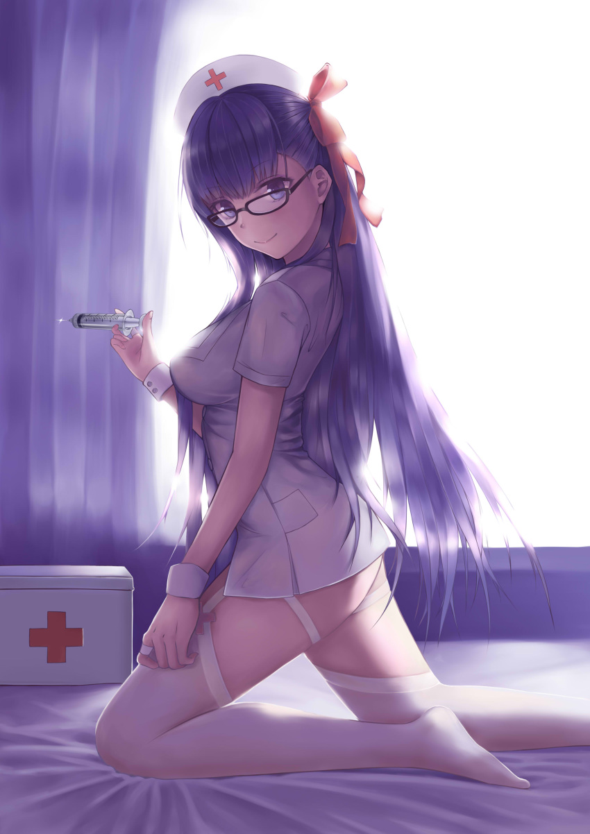 1girl, absurdres, arm_at_side, bangs, bb_(fate/extra_ccc), bb_shot!, bed, bed_sheet