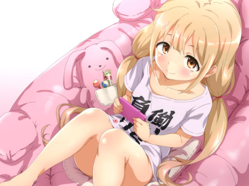 1girl, blonde_hair, brown_eyes, candy, cellphone, closed_mouth, clothes_writing, food