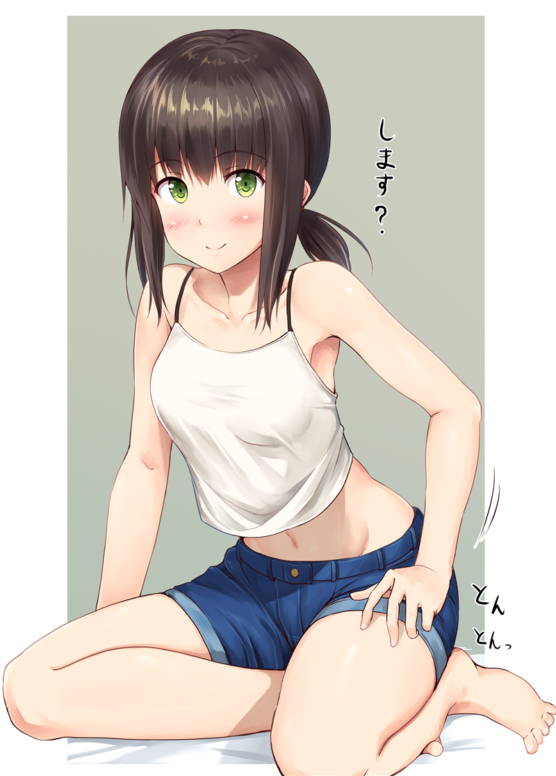 1girl, bare_shoulders, barefoot, belly_peek, black_hair, blush, breasts, camisole