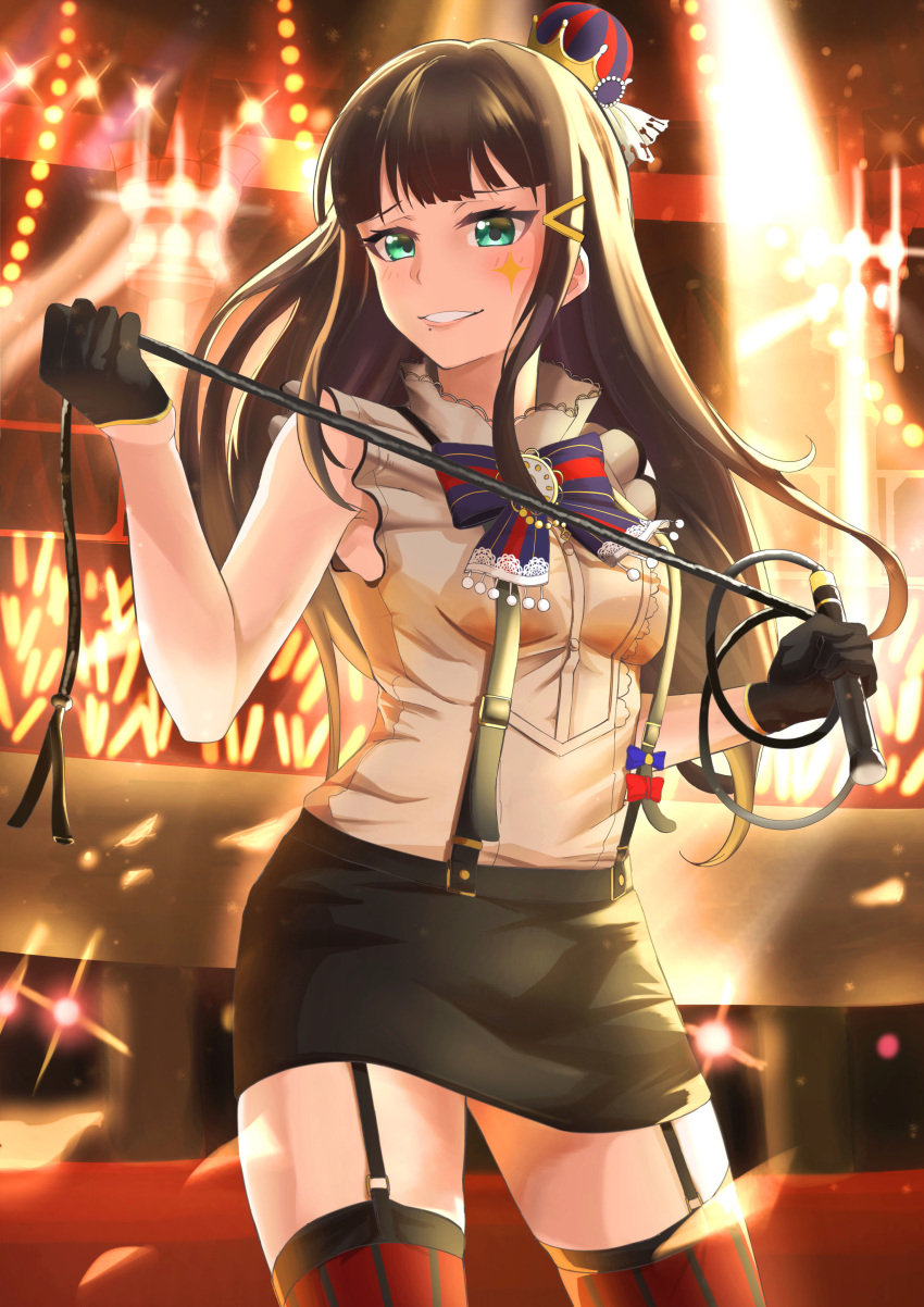 1girl, absurdres, bangs, black_gloves, black_hair, black_skirt, blue_bow, blue_bowtie