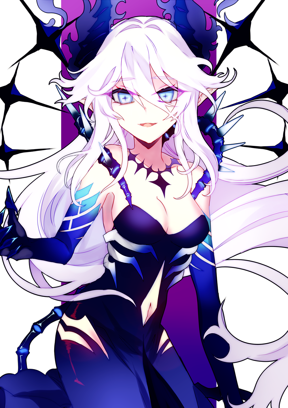 1girl, athria, black_dress, black_gloves, blue_eyes, diabla_(elsword), dress, elbow_gloves