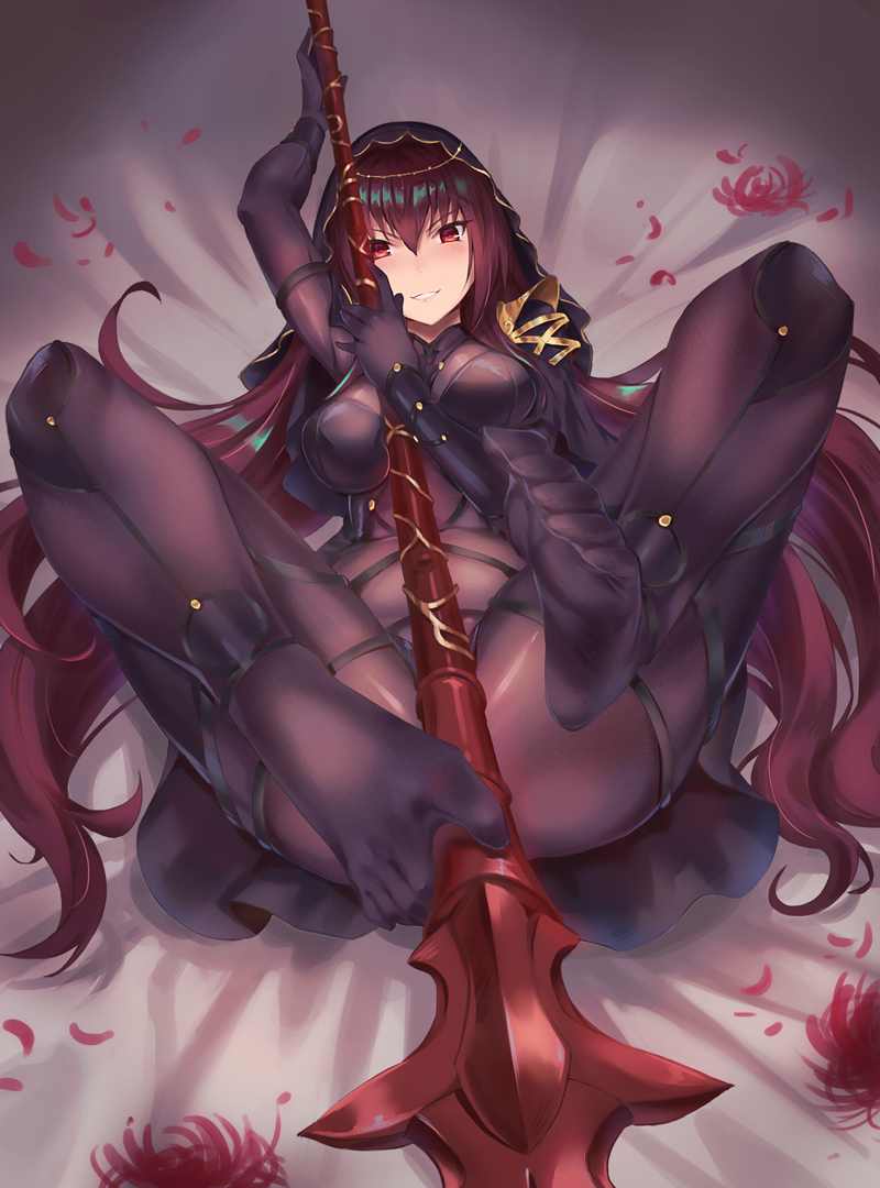 1girl, black_legwear, blush, bodystocking, breasts, brown_hair, chiwa_(tsugumisky), eyebrows_visible_through_hair, fate/grand_order, fate_(series), feet, holding, holding_spear, holding_weapon, large_breasts, looking_at_viewer, lying, no_shoes, on_back, parted_lips, polearm, red_eyes, scathach_(fate/grand_order), smile, solo, spear, toes, weapon