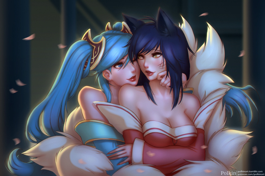 2girls, ahri, animal_ears, aqua_hair, artist_name, bare_shoulders, black_hair, blue_dress, blue_eyes, blush, breast_hold, breasts, cheek-to-cheek, cleavage, collarbone, colored, couple, detached_sleeves, dress, eye_contact, female, feversea, fox_ears, fox_tail, hair_ornament, highres, large_breasts, league_of_legends, light_blue_hair, lips, lipstick, long_hair, looking_at_another, looking_back, makeup, multiple_girls, multiple_tails, mutual_yuri, nail_polish, neck, off-shoulder_dress, one_eye_closed, parted_lips, patreon_username, petals, polkin, red_detached_sleeves, red_dress, red_lipstick, red_nails, smile, sona_buvelle, strapless, strapless_dress, tail, tumblr_username, twintails, upper_body, watermark, web_address, whisker_markings, wink, yellow_eyes, yuri