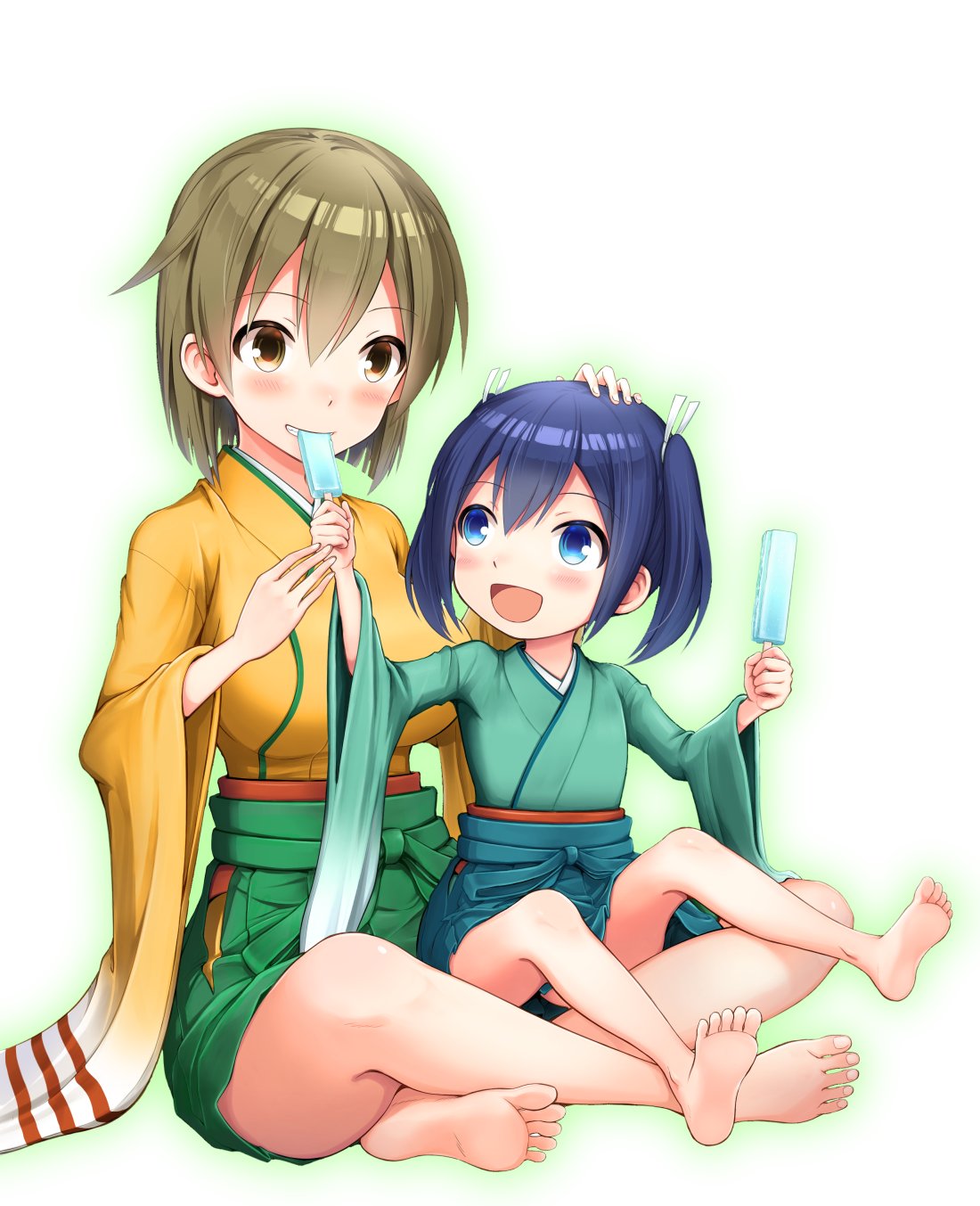 2girls, :d, bare_legs, barefoot, blue_eyes, blue_hair, brown_eyes, commentary