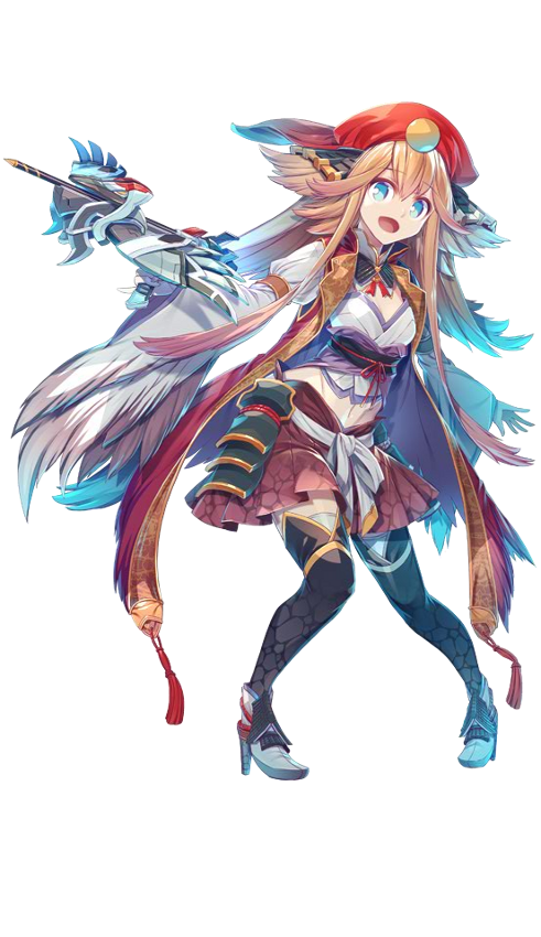 1girl, :d, blue_eyes, flipped_hair, fukuoka_(oshiro_project), full_body, hat, holding, holding_weapon, light_brown_hair, long_hair, looking_at_viewer, midriff, navel, official_art, open_mouth, oshiro_project, oshiro_project_re, smile, thigh-highs, transparent_background, very_long_hair, weapon, zounose
