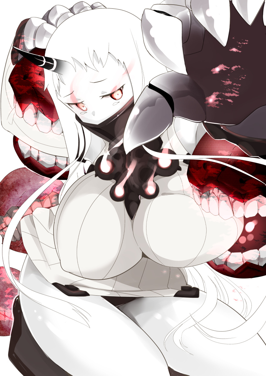 1girl, breasts, claws, covered_mouth, detached_sleeves, dress, highres, horn