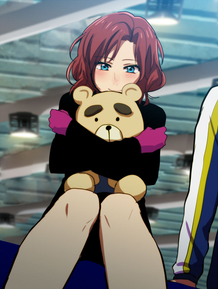 1boy, 1girl, blue_eyes, blush, gloves, honchu, mila_babicheva, otabek_altin