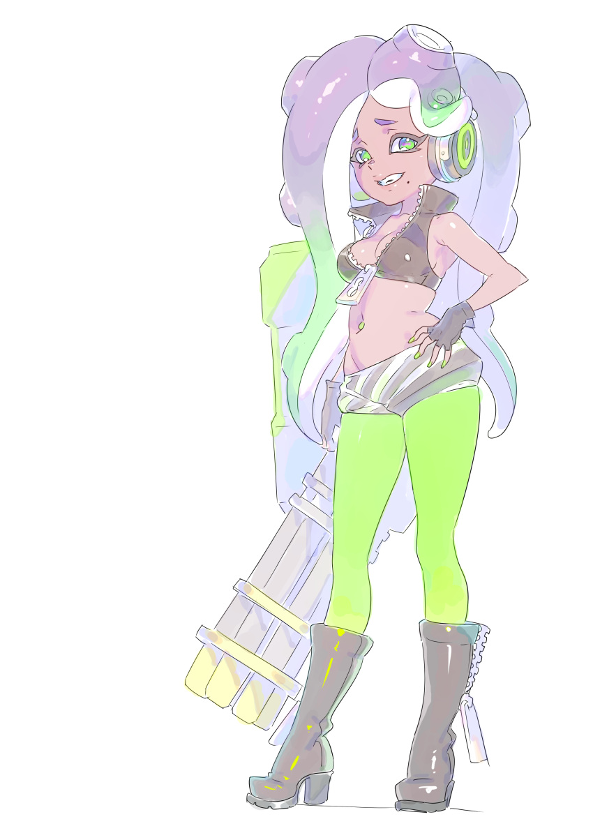 1girl, :d, absurdres, bare_shoulders, boots, breasts, cleavage, crop_top, dark_skin, fingerless_gloves, full_body, gatling_gun, gloves, green_eyes, green_legwear, gun, hand_on_hip, headphones, highres, long_hair, looking_at_viewer, makeup, marina_(splatoon), mascara, midriff, mini_splatling_(splatoon), minigun, mole, mole_under_mouth, navel, navel_piercing, octarian, open_mouth, pantyhose_under_shorts, piercing, purple_hair, shorts, simple_background, sleeveless, smile, solo, splatoon_(series), splatoon_2, standing, stomach, teeth, tentacle_hair, weapon, white_background, zipper, zipper_pull_tab