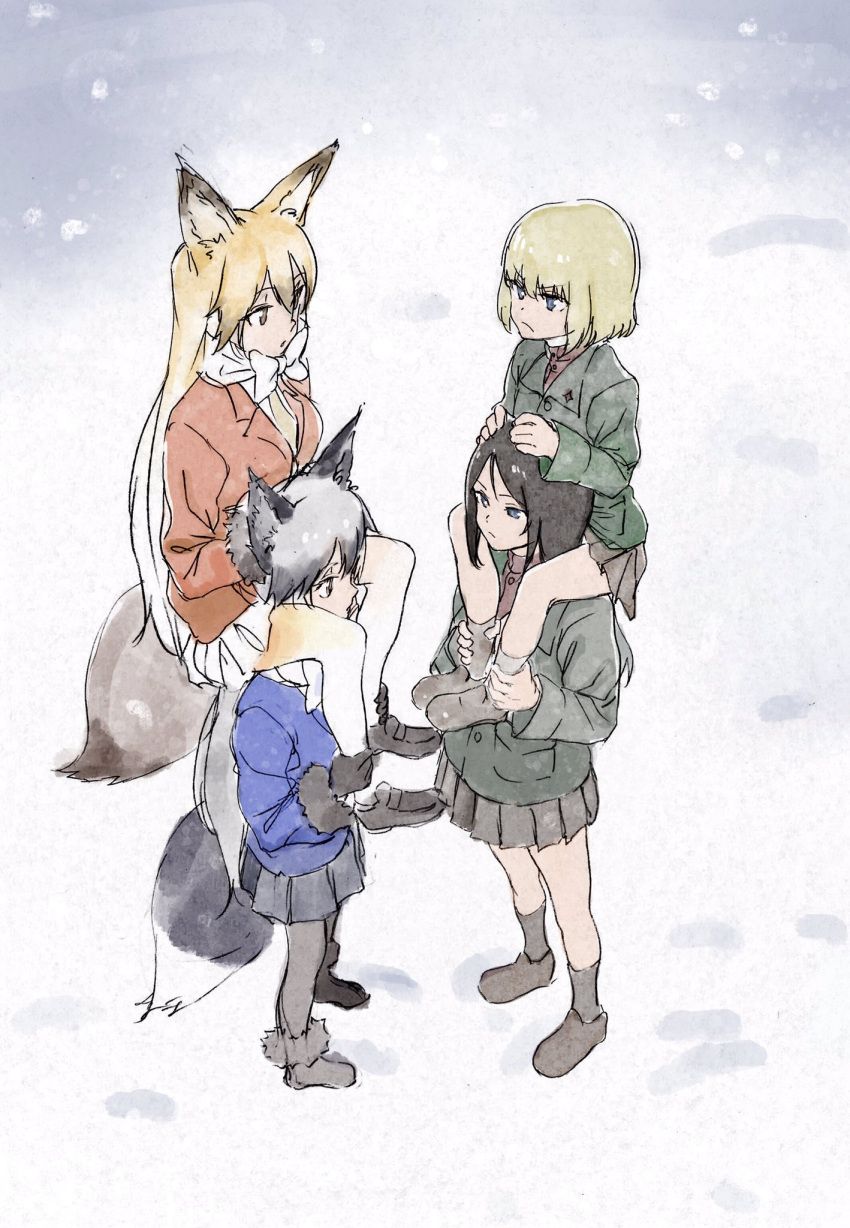 4girls, animal_ears, blonde_hair, blue_eyes, brown_hair, carrying, crossover, ezo_red_fox_(kemono_friends), girls_und_panzer, gradient_hair, grey_hair, hands_on_another's_head, highres, katyusha, kemono_friends, kito_(sakerukito), leg_hold, long_hair, multicolored_hair, multiple_girls, nonna, pravda_military_uniform, school_uniform, shoulder_carry, silver_fox_(kemono_friends), snow, tail, white_hair