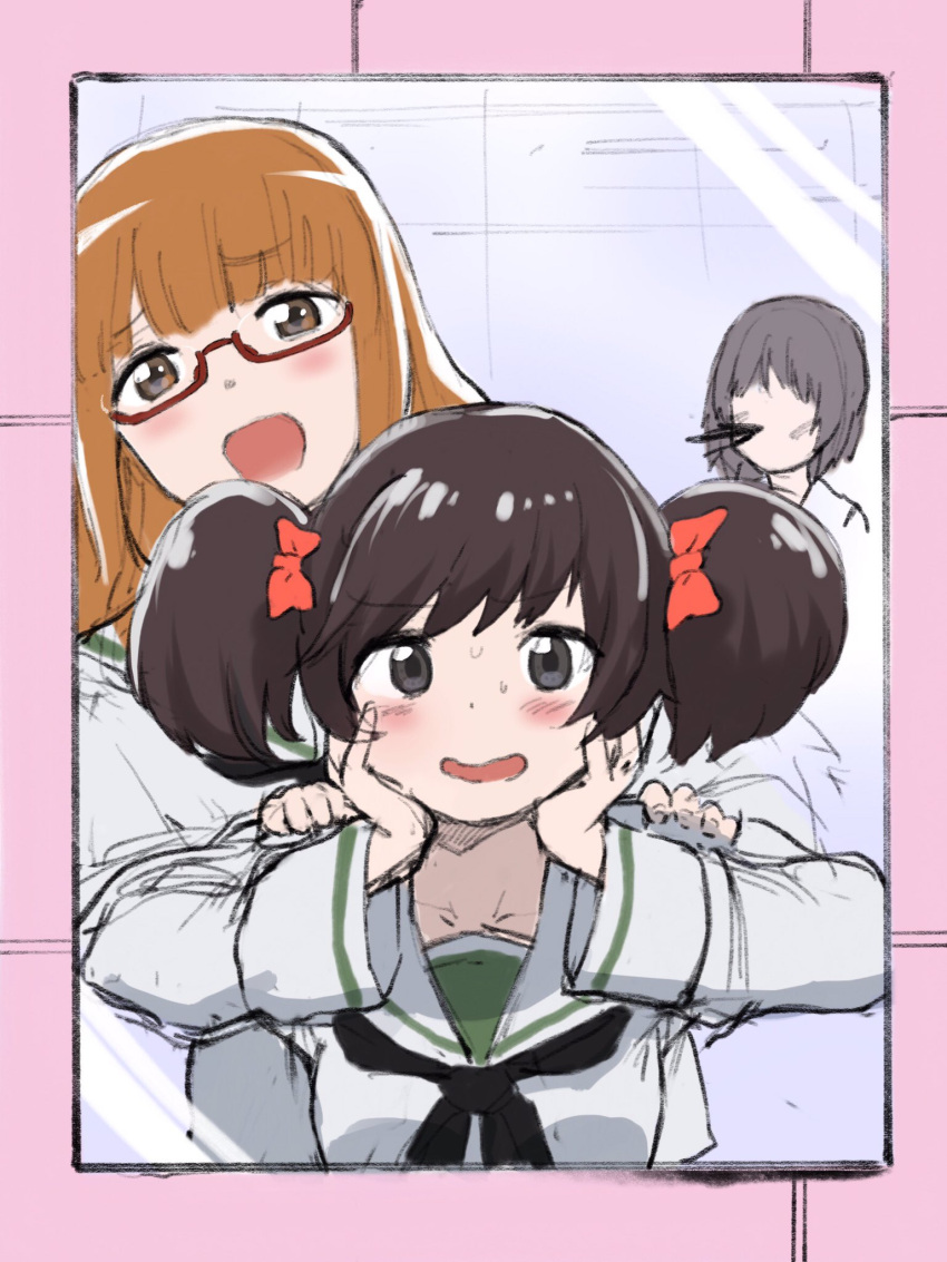 3girls, akiyama_yukari, alternate_hairstyle, blood, bow, brown_eyes, brown_hair, character_request