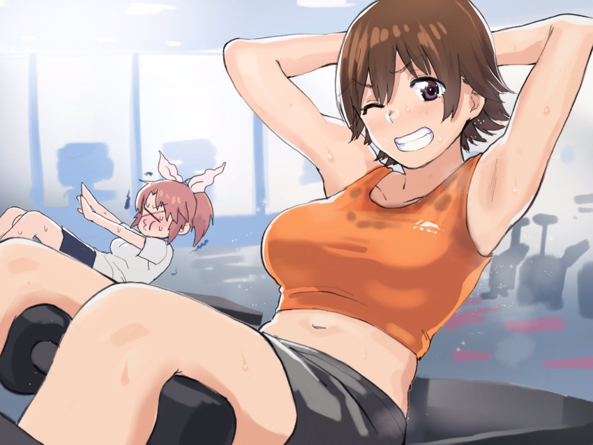 >_<, 2girls, abe_nana, arms_behind_head, blush, bow, brown_eyes, brown_hair, gym, gym_shirt, gym_shorts, gym_uniform, hair_bow, highres, honda_mio, idolmaster, idolmaster_cinderella_girls, kito_(sakerukito), looking_at_viewer, multiple_girls, navel, o3o, one_eye_closed, ponytail, shirt, short_hair, shorts, sit-up, smile, sportswear, sweat, sweat_stain, tank_top, wet, wet_clothes