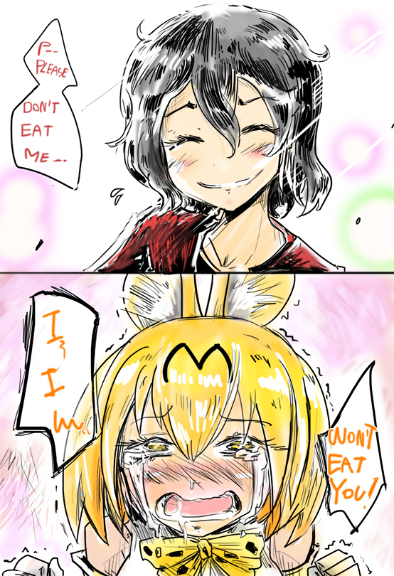 2koma, animal_ears, bare_shoulders, black_hair, blonde_hair, blush, bow, bowtie