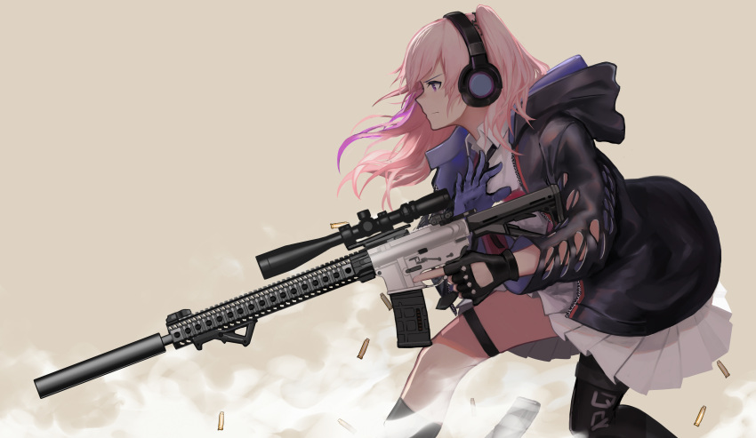 1girl, absurdres, ar-15, blue_eyes, commentary, fingerless_gloves, full_body, girls_frontline