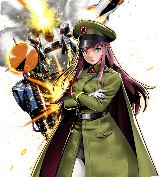 abigail_(metal_slug), aqua_eyes, armband, crossed_arms, ground_vehicle, metal_slug, metal_slug_attack, military, military_uniform, military_vehicle, motor_vehicle, official_art, pink_hair, rocket, tank, uniform