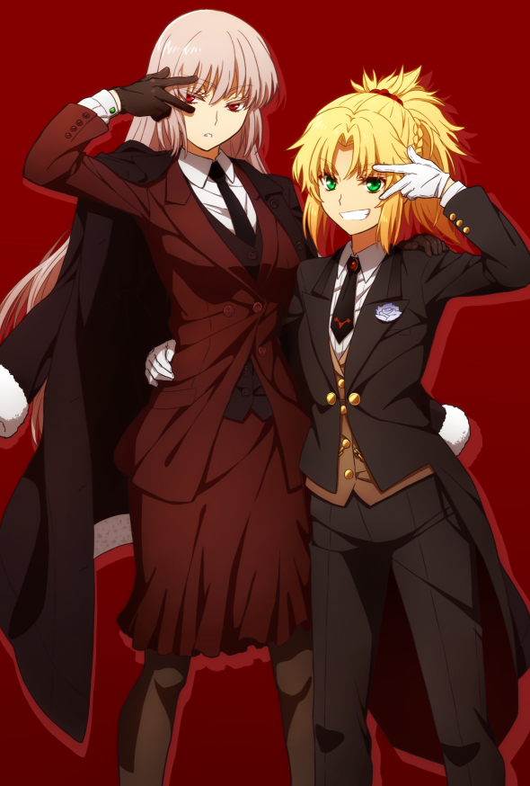 2girls, bangs, blonde_hair, braid, butler, buttons, coat, commentary_request, cowboy_shot, fate/grand_order, fate_(series), female_butler, florence_nightingale_(fate/grand_order), flower, formal, fur_trim, gloves, green_eyes, jacket, jacket_on_shoulders, long_hair, multiple_girls, necktie, oiun, open_mouth, pantyhose, pink_hair, ponytail, red_eyes, saber_of_red, sawashiro_miyuki, seiyuu_connection, skirt, skirt_suit, smile, suit, v, v_over_eye, vest, wing_collar
