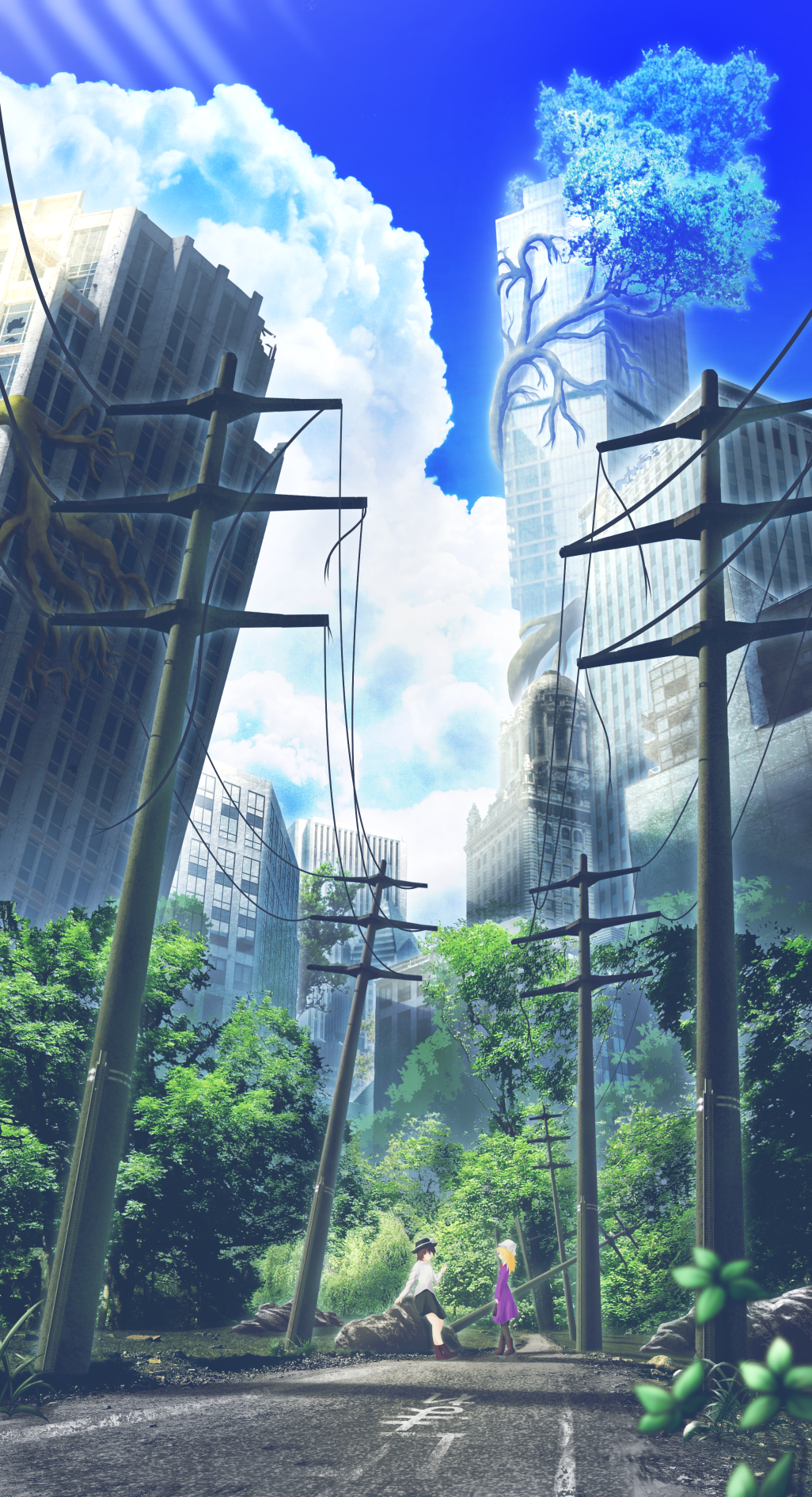 2girls, ankle_boots, black_legwear, black_skirt, blonde_hair, blue_sky, boots, broken_window