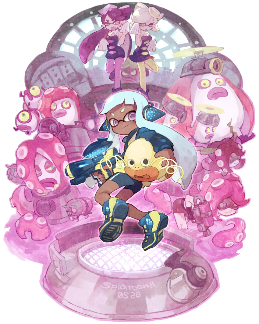+_+, 4girls, ankle_boots, aori_(splatoon), aqua_hair, bangs, bike_shorts, black_boots