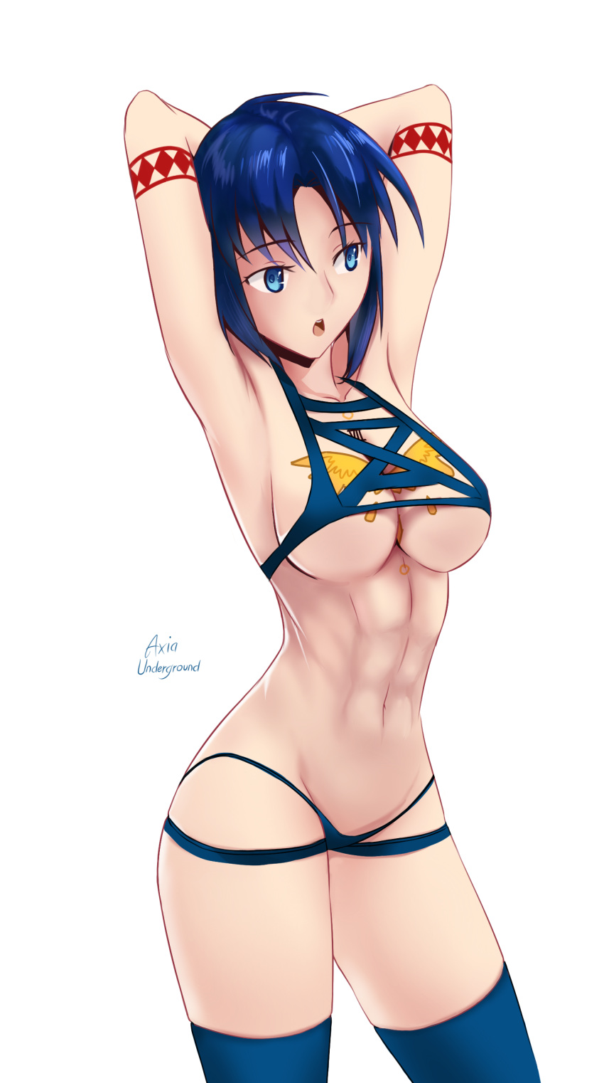 1girl, abs, absurdres, arms_behind_head, artist_name, bikini, blue_eyes, blue_hair