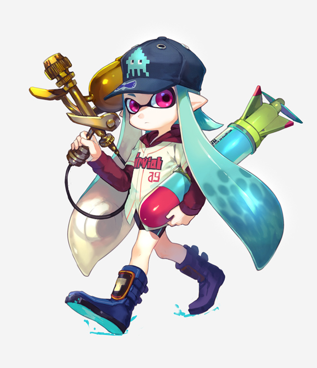 1girl, aerospray_(splatoon), akira_hou, aqua_hair, baseball_cap, baseball_uniform, bike_shorts, black_shorts