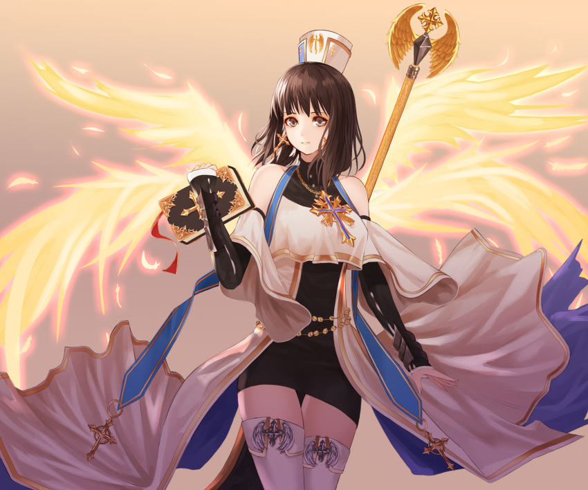 1girl, absurdres, angel_wings, black_skirt, book, brown_eyes, brown_hair, cross