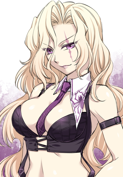 1girl, arm, arm_at_side, arm_belt, bare_shoulders, between_breasts, bibyo, blonde_hair