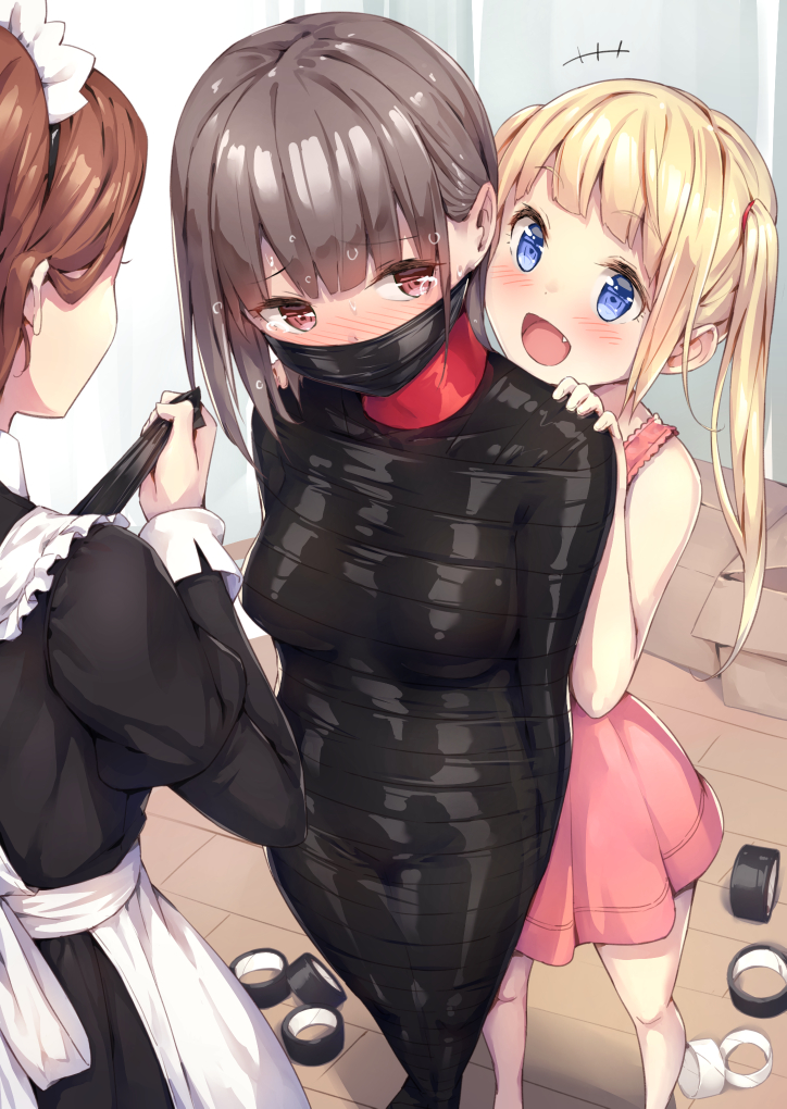 3girls, bdsm, blonde_hair, blue_eyes, blush, bondage, bound, brown_eyes
