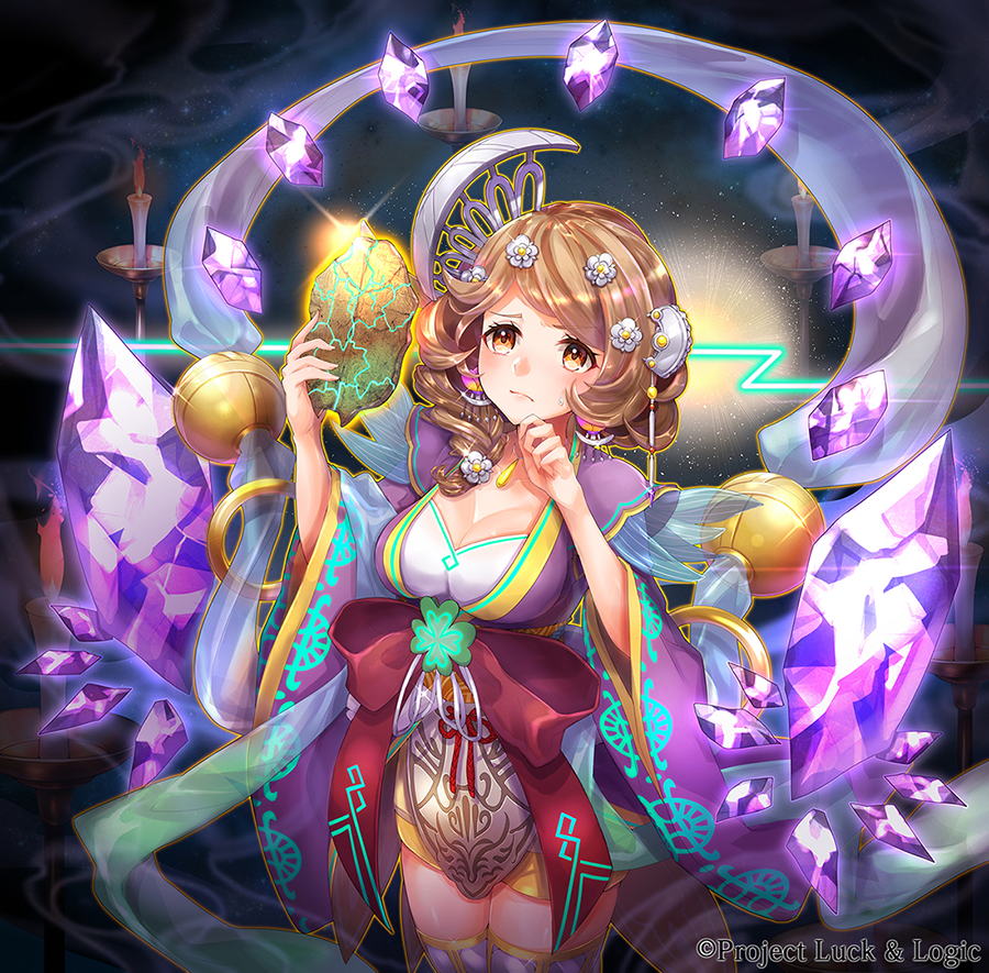 1girl, breasts, brown_eyes, brown_hair, candle, cleavage, copyright_name, crystal
