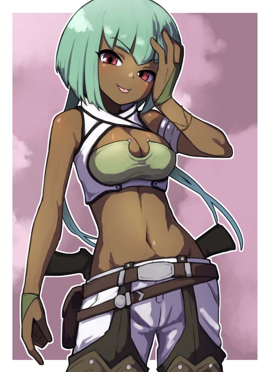 1girl, :p, armlet, bangs, bare_shoulders, blunt_bangs, bob_cut, bracelet