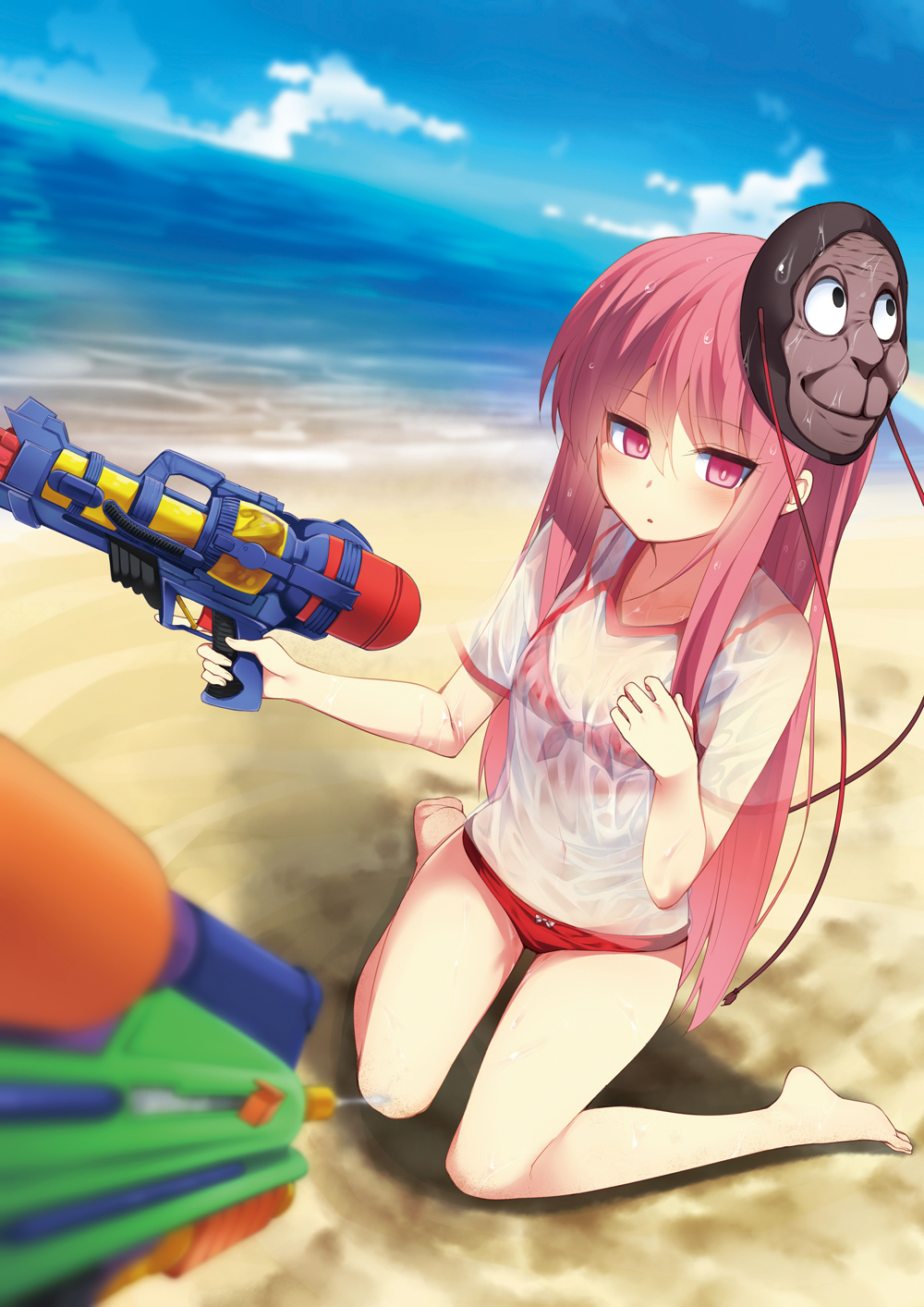 1girl, barefoot, beach, bikini, blurry, blurry_background, bright_pupils, gym_shirt