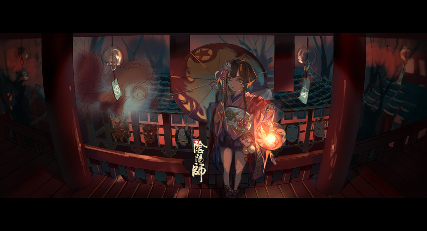 1girl, brown_eyes, brown_hair, hair_ornament, holding_lantern, indoors, kagura_(onmyoji), lantern