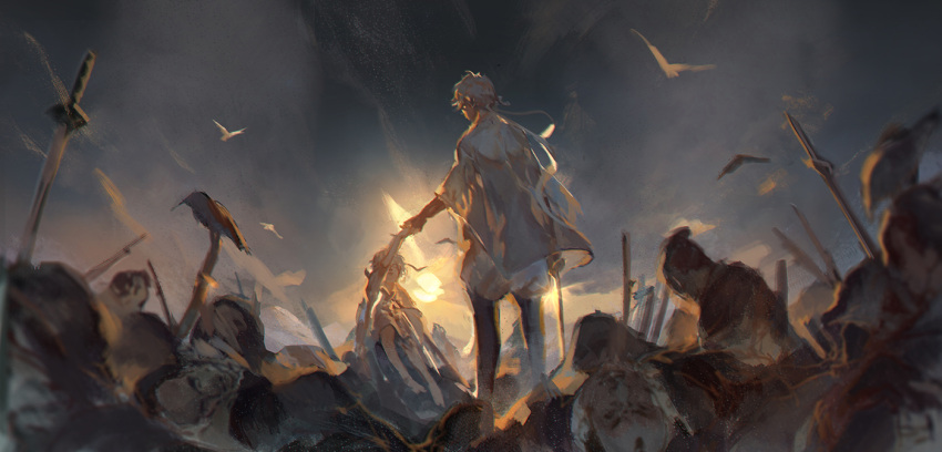 bird, corpse, death, facing_away, gintama, glint, katana, male_focus, outdoors, planted_sword, planted_weapon, sakata_gintoki, seagull, silver_hair, standing, susukino, sword, twilight, weapon