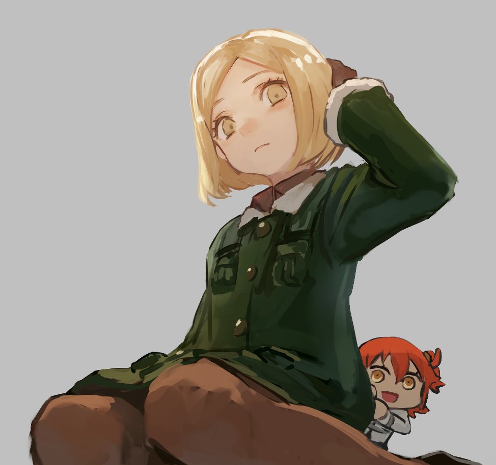 2girls, adjusting_hair, bangs, blonde_hair, bob_cut, chibi, coat, fate/grand_order
