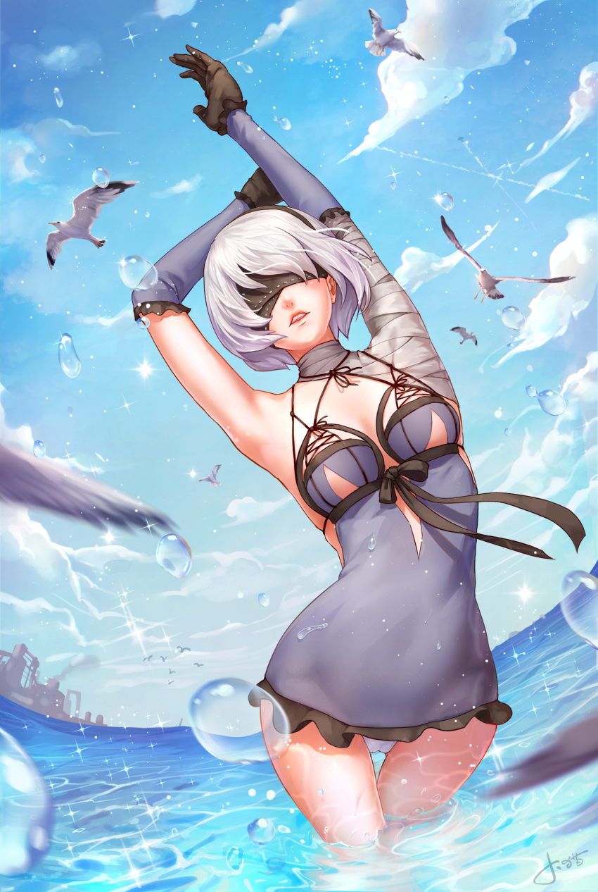 1girl, absurdres, armpits, arms_up, artist_name, asymmetrical_clothes, bandage, bandaged_arm