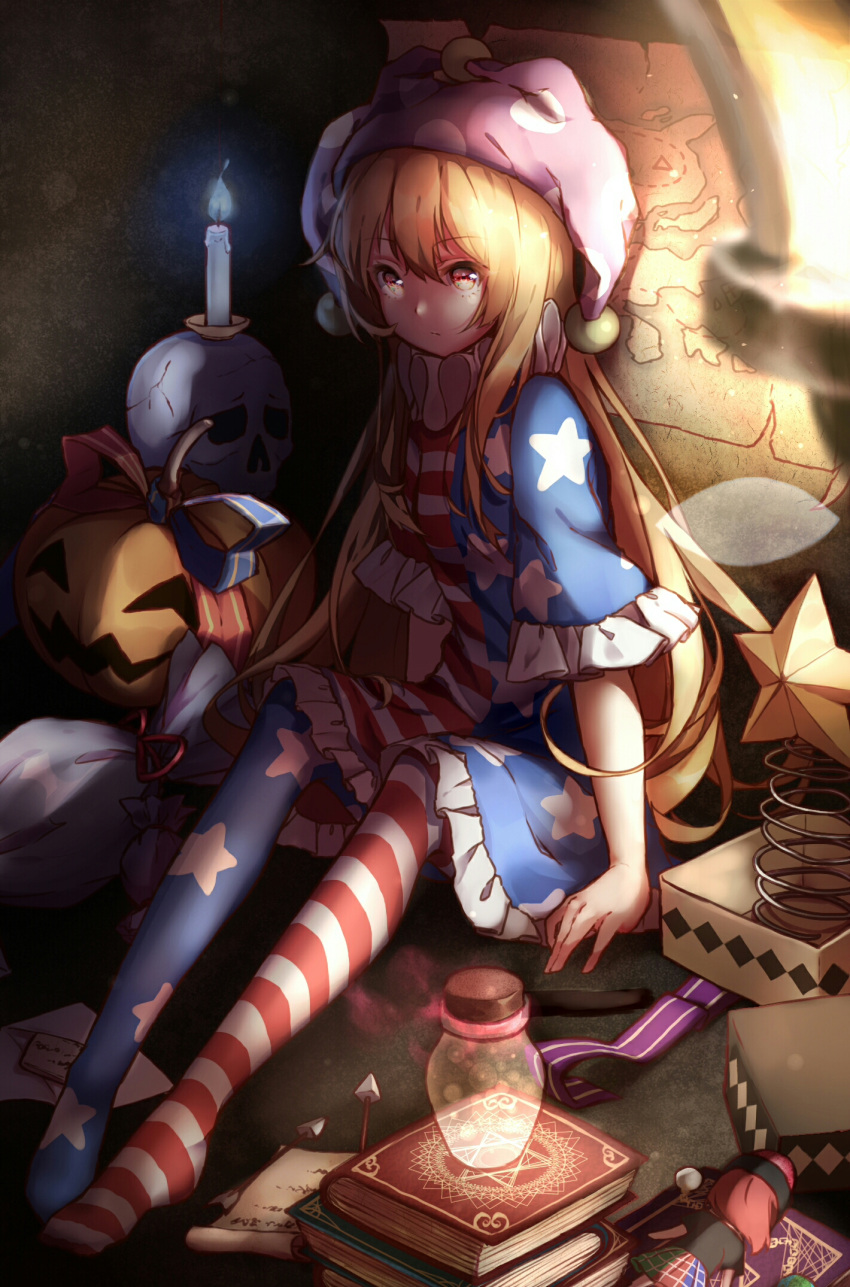 1girl, american_flag_dress, american_flag_legwear, blonde_hair, clownpiece, fairy_wings, hat, highres