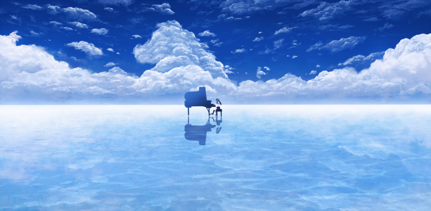 1girl, akky_(akimi1127), black_hair, black_skirt, clouds, cloudy_sky, day, highres, instrument, lake, long_hair, music, original, outdoors, piano, playing_instrument, playing_piano, salar_de_uyuni, scenery, sitting, skirt, sky