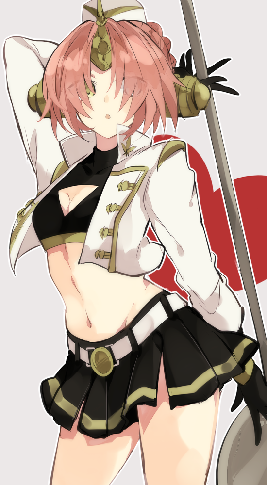 1girl, belt, berserker_of_black, black_gloves, blue_eyes, breasts, cleavage, cleavage_cutout, commentary_request, cowboy_shot, fate/apocrypha, fate/grand_order, fate_(series), gloves, green_eyes, hair_over_eyes, hat, heterochromia, horn, jacket, long_sleeves, mace, momiji_(00mmj00), navel, open_mouth, pink_hair, short_hair, skirt, solo, weapon