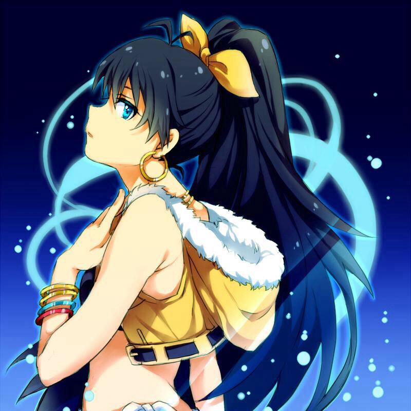 1girl, beyond_the_vibes, black_hair, blue_background, blue_eyes, bracelet, crop_top, earrings