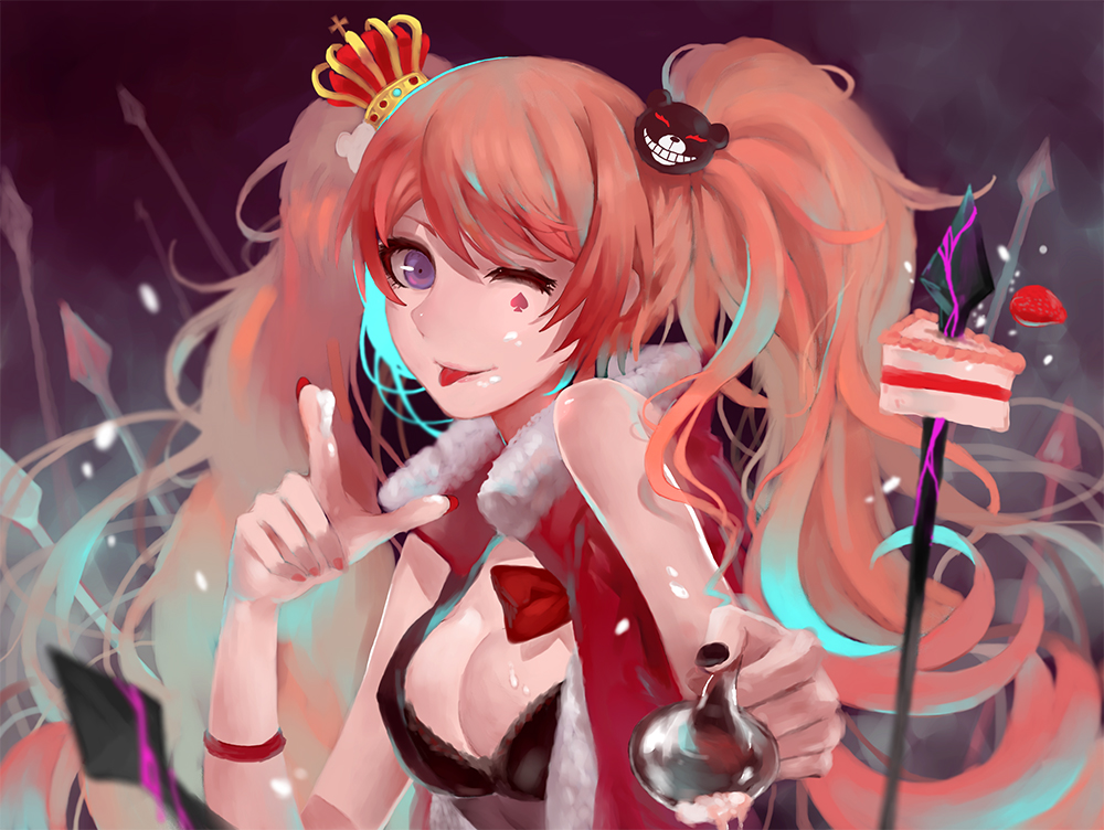 1girl, ;q, black_bra, blu_eyes, bow, bra, bracelet, breasts, bunny_hair_ornament, cake, cleavage, cream_on_body, crown, dangan_ronpa, dangan_ronpa_1, enoshima_junko, facial_tattoo, food, hair_ornament, index_finger_raised, jacket, jewelry, long_hair, medium_breasts, mini_crown, nail_polish, one_eye_closed, open_clothes, open_jacket, orange_hair, red_bow, red_jacket, red_nails, sa_(h28085), smile, solo, tattoo, tongue, tongue_out, twintails, underwear, upper_body, very_long_hair