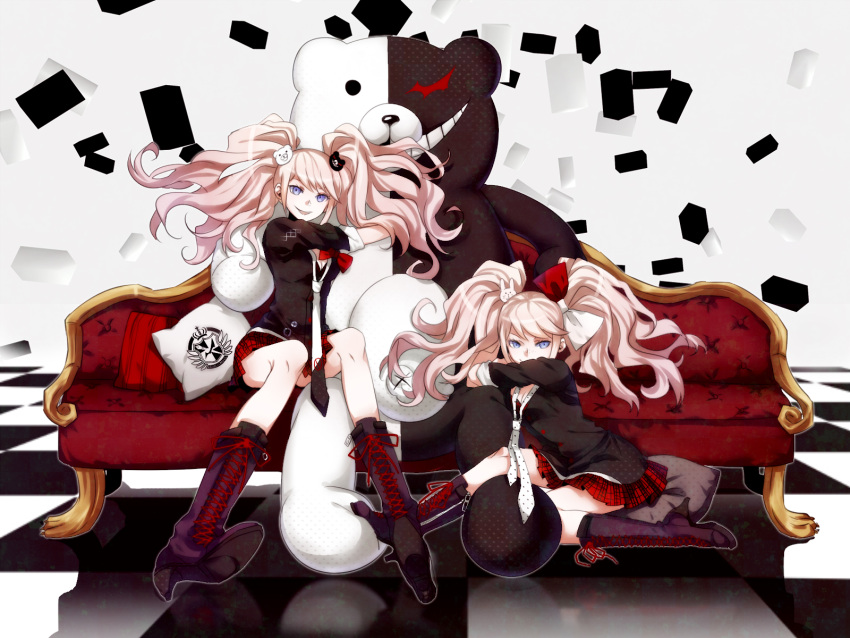 2girls, animal_ears, appleruby, bear_hair_ornament, black_boots, black_bra, black_shirt, blu_eyes, boots, bow, bra, breasts, checkered, checkered_floor, cleavage, couch, dangan_ronpa, dangan_ronpa_1, enoshima_junko, grey_background, grin, hair_bow, hair_ornament, high_heel_boots, high_heels, highres, knee_boots, long_hair, miniskirt, monokuma, multiple_girls, pillow, polka_dot_necktie, rabbit_ears, red_bow, red_ribbon, red_skirt, ribbon, shirt, siblings, silver_hair, sisters, sitting, skirt, smile, spoilers, twintails, underwear, white_bow