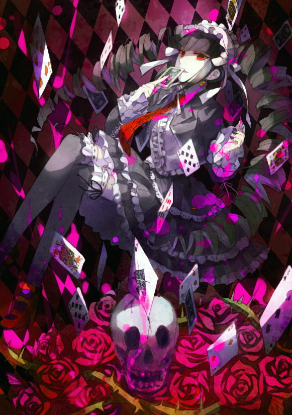 1girl, argyle, argyle_background, black_hair, black_legwear, black_nails, black_ribbon, black_skirt