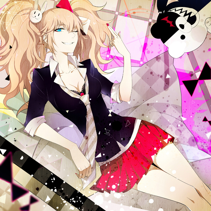 1girl, ;), black_bra, black_jacket, blonde_hair, blu_eyes, bra, breasts