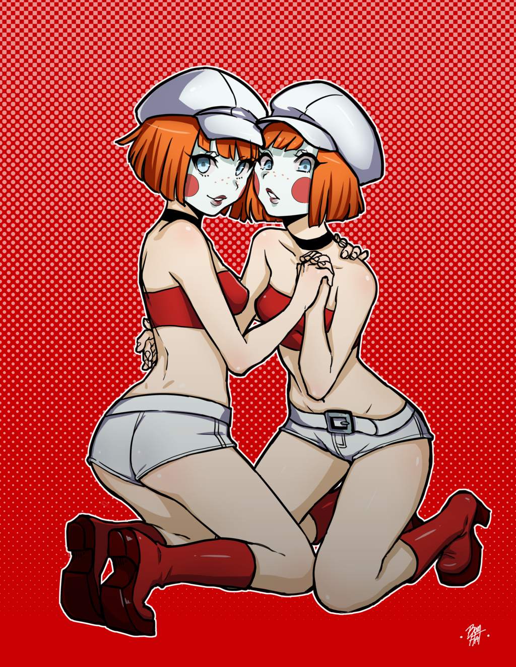 2girls, ass, bandeau, batman_(series), batman_beyond, belt, blue_eyes, bomhat, boots, choker, dc_comics, dee_dee_(batman), deidre_dennis, delia_dennis, freckles, full_body, hand_holding, hand_on_another's_shoulder, hat, highres, interlocked_fingers, kneeling, looking_at_viewer, looking_back, makeup, midriff, multiple_girls, navel, orange_hair, parted_lips, polka_dot, polka_dot_background, red_boots, short_hair, short_shorts, shorts, smile, strapless, tubetop
