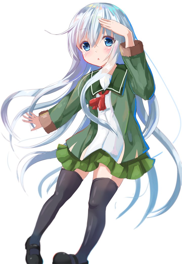 1girl, black_legwear, blue_eyes, blush, chestnut_mouth, commentary_request, cosplay, fur-trimmed_sleeves