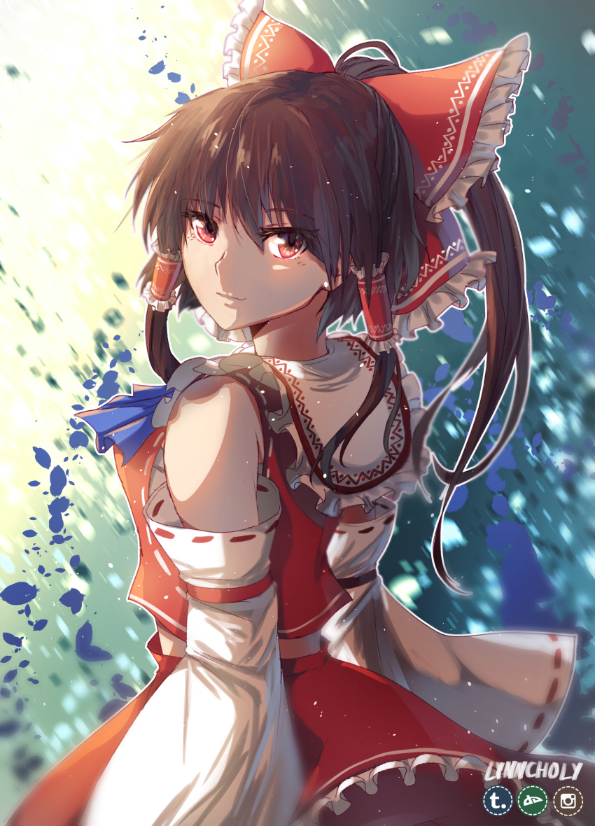 1girl, absurdres, brown_hair, cowboy_shot, cravat, detached_sleeves, gradient, gradient_background